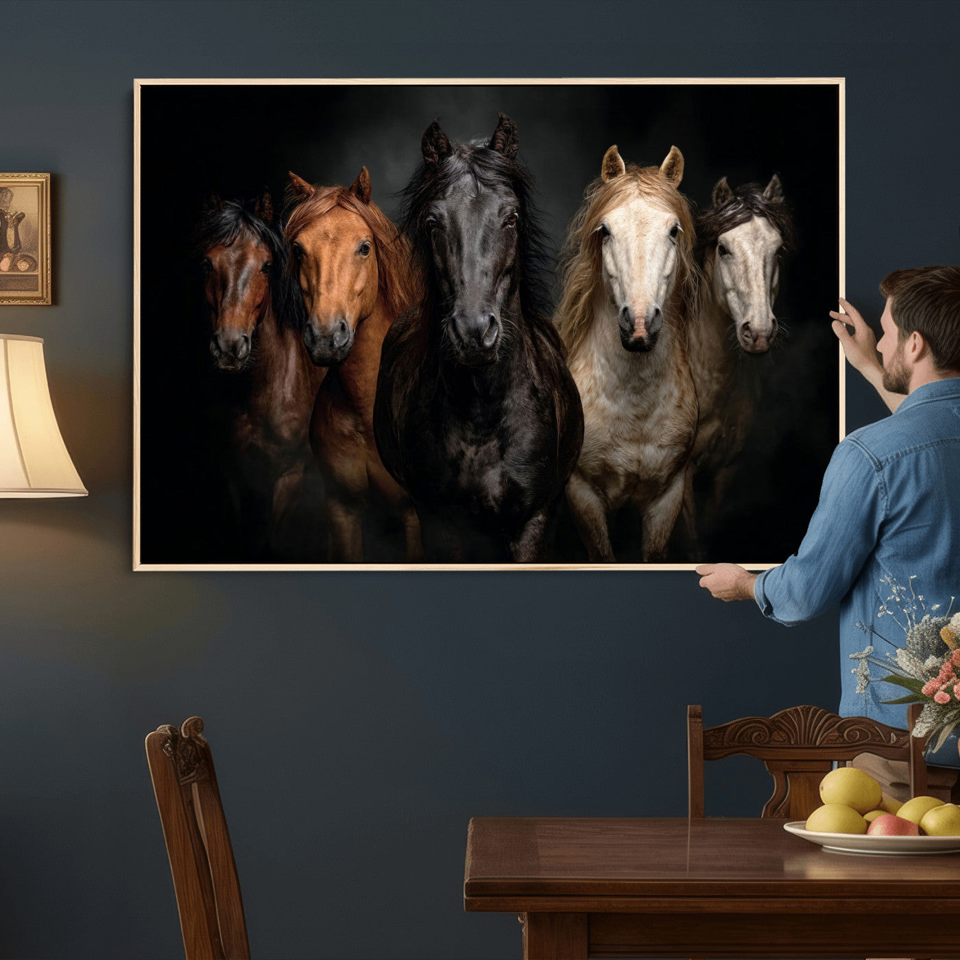 77696206-MGV-CV-36X24 - Horse Wall Art Canvas Print | Wild Horses Portrait Photography, Animal Horse Decor, Black Brown White Horse Herd