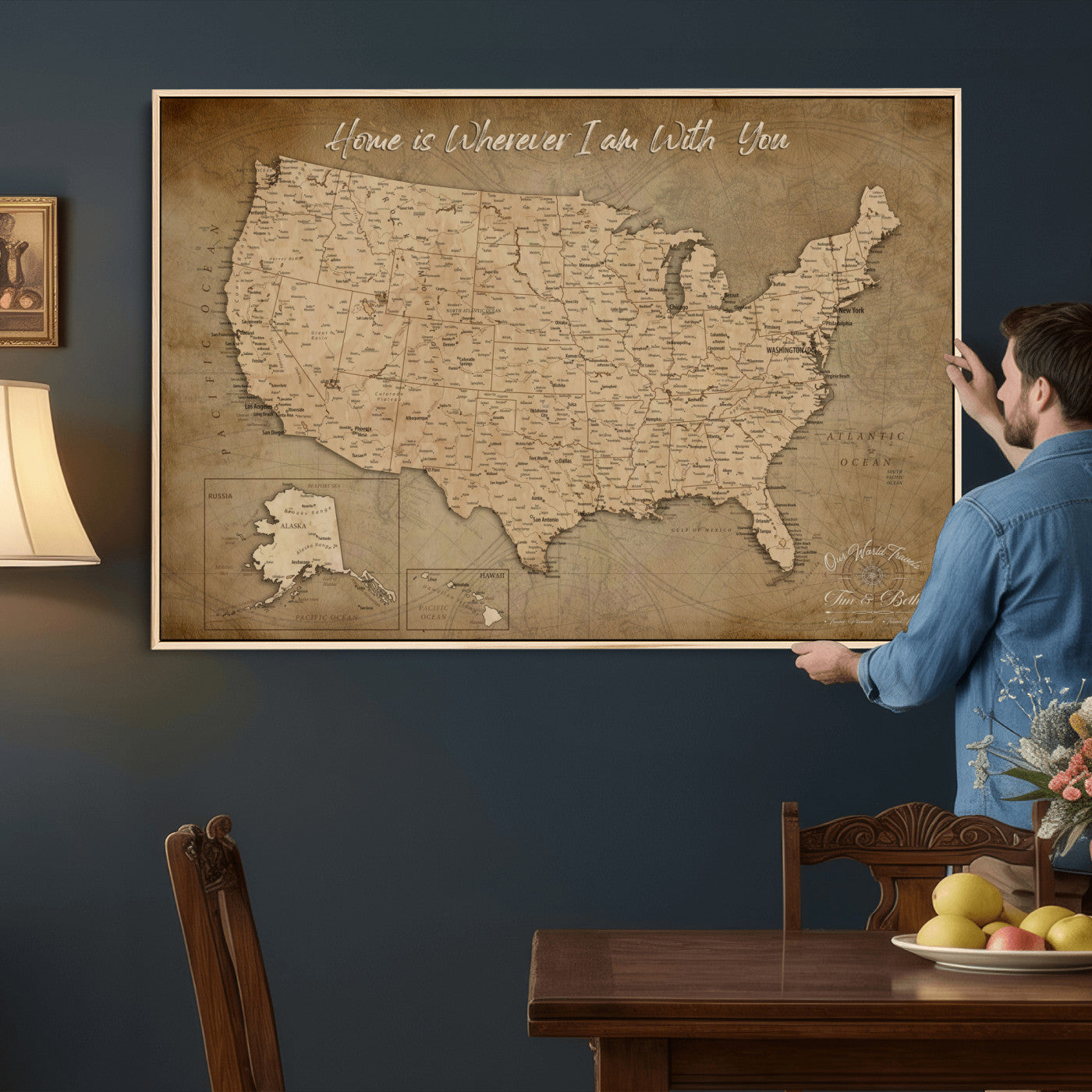 21454917-MGV-CV-36X24 - Personalized USA Push Pin Travel Map, Custom United States Map, Push Pin Map, USA Bucket List Map, Anniversary Gift, Couple Travel Map Wall Art