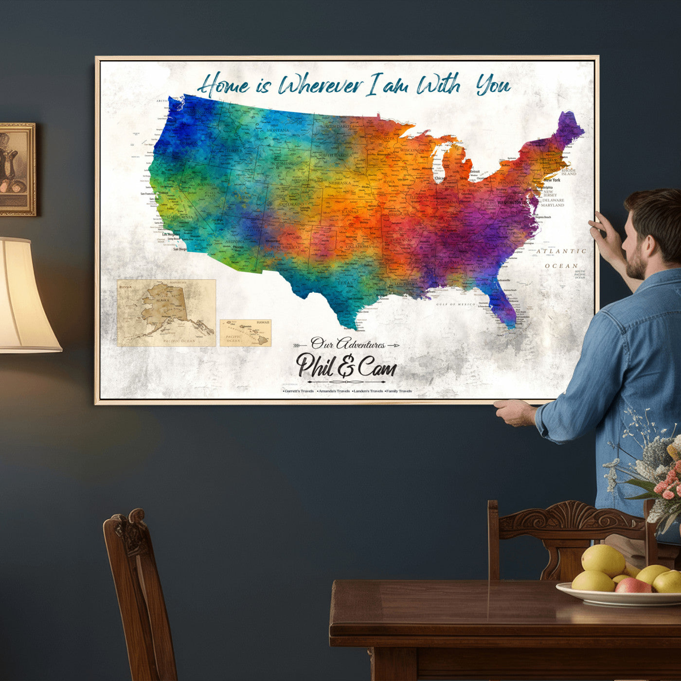 17251793-MGV-CV-36X24 - Watercolor USA Travel Map with Pins Colorful Modern Canvas Wall Art
