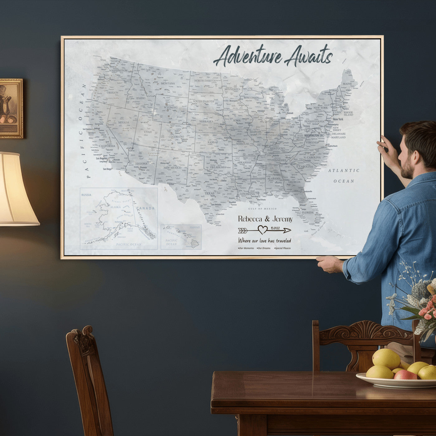 66120672-MGV-CV-36X24 - Personalized America Push Pin Travel Map Canvas Wall Art for Custom Family Gift