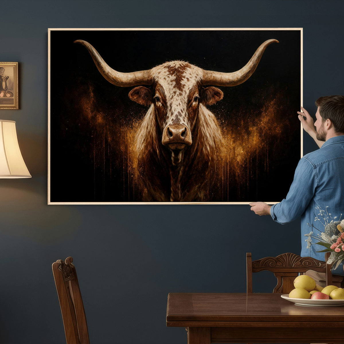 62076449-MGV-CV-36X24 - Texas Bull Cow Longhorn Canvas Wall Art Moody Western Bull Oil Painting Print