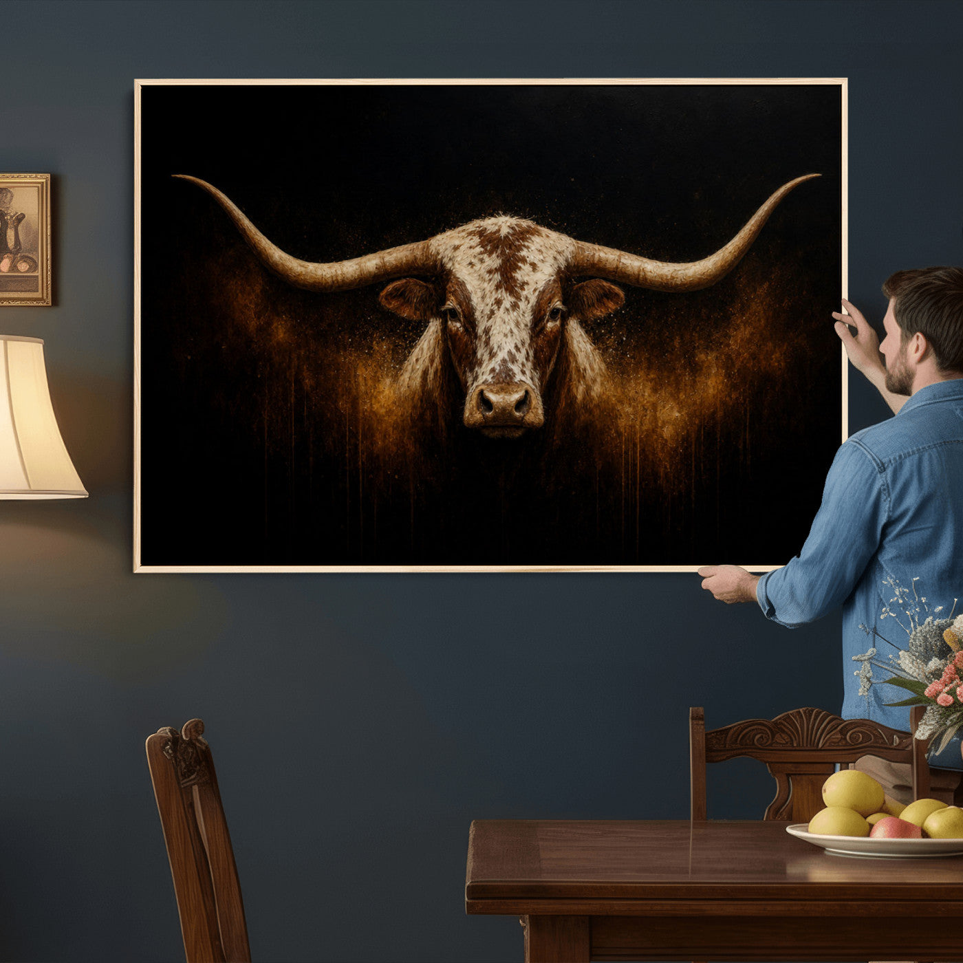 12628958-MGV-CV-36X24 - Texas Longhorn Canvas Wall Art Moody Western Bull Oil Painting Print