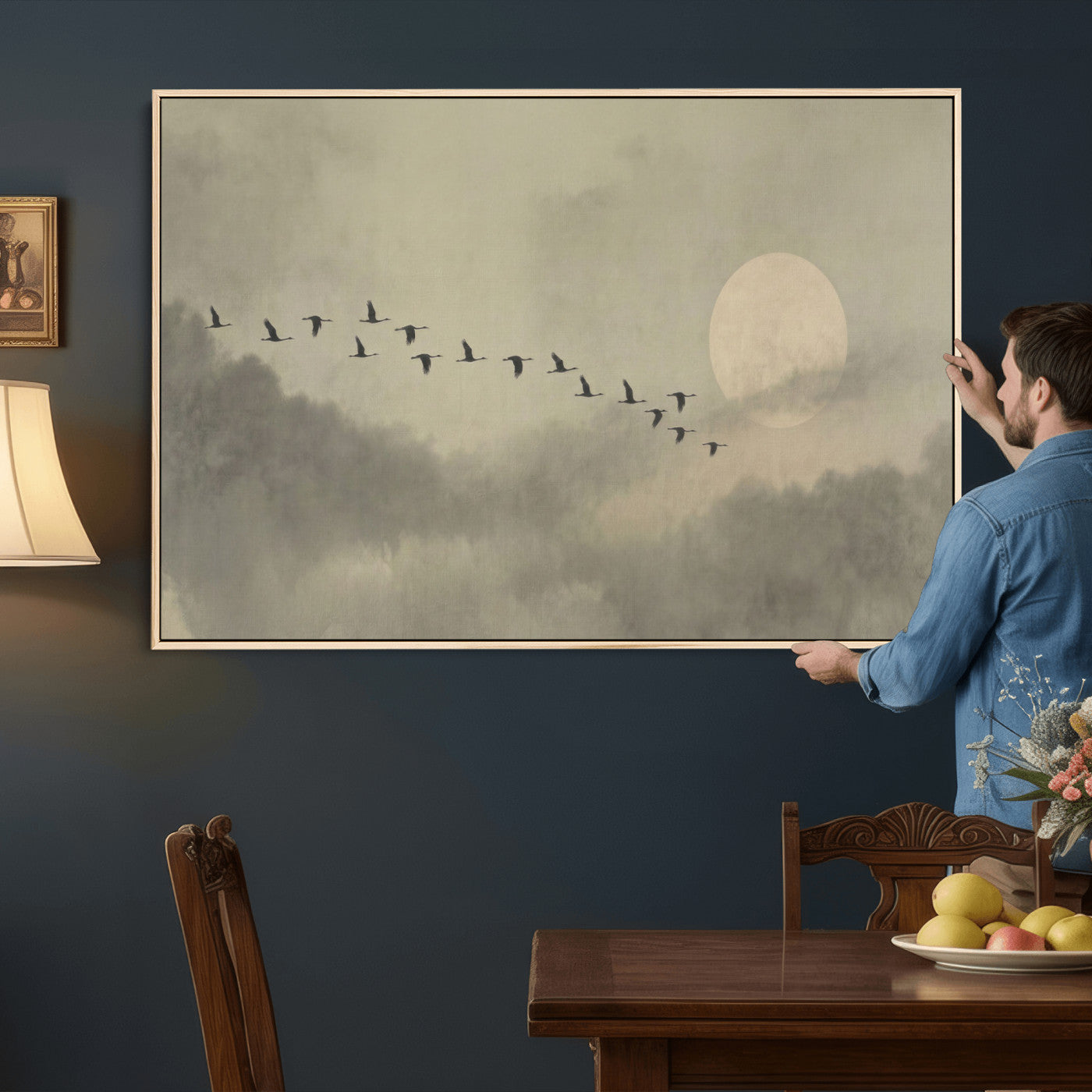 12098149-MGV-CV-36X24 - Flock of Birds Flying to Full Moon Wall Art Canvas Print - Vintage Surreal Clouds Painting