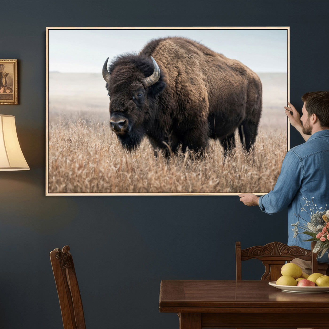 81029583-MGV-CV-36X24 - American Bison in Prairie Field Wall Art Canvas Print - Rustic Wildlife Photography