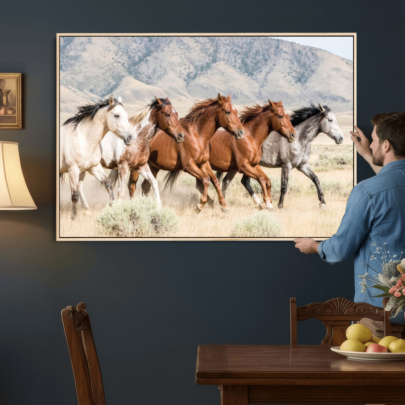 68345893-MGV-CV-36X24 - Five Mustangs Running Wild in Mountain Valley Wall Art Canvas Print - Rustic Western Decor