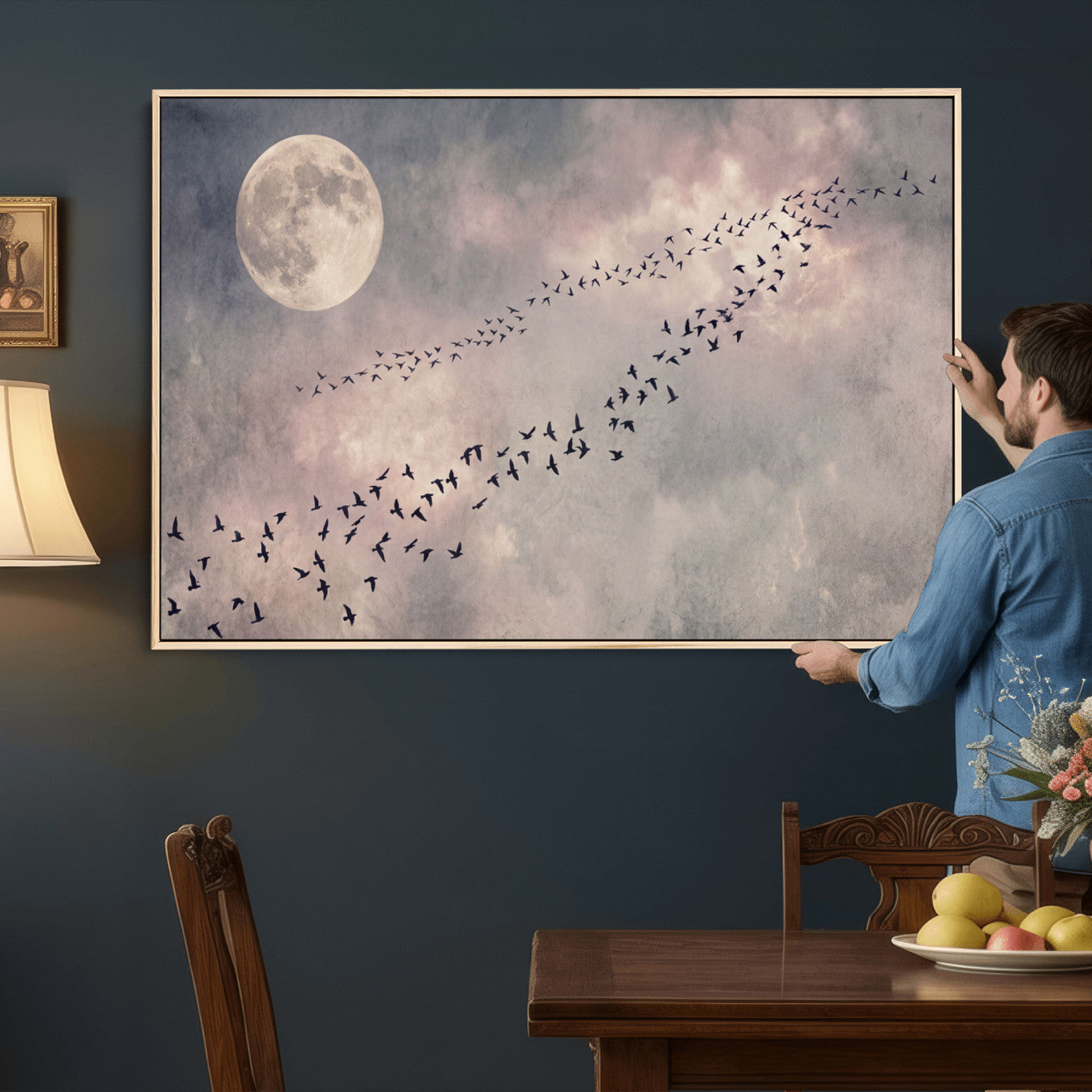52339590-MGV-CV-36X24 - Birds Flying to Moon Wall Art Canvas Print - Vintage Surreal Night Sky Sky Print