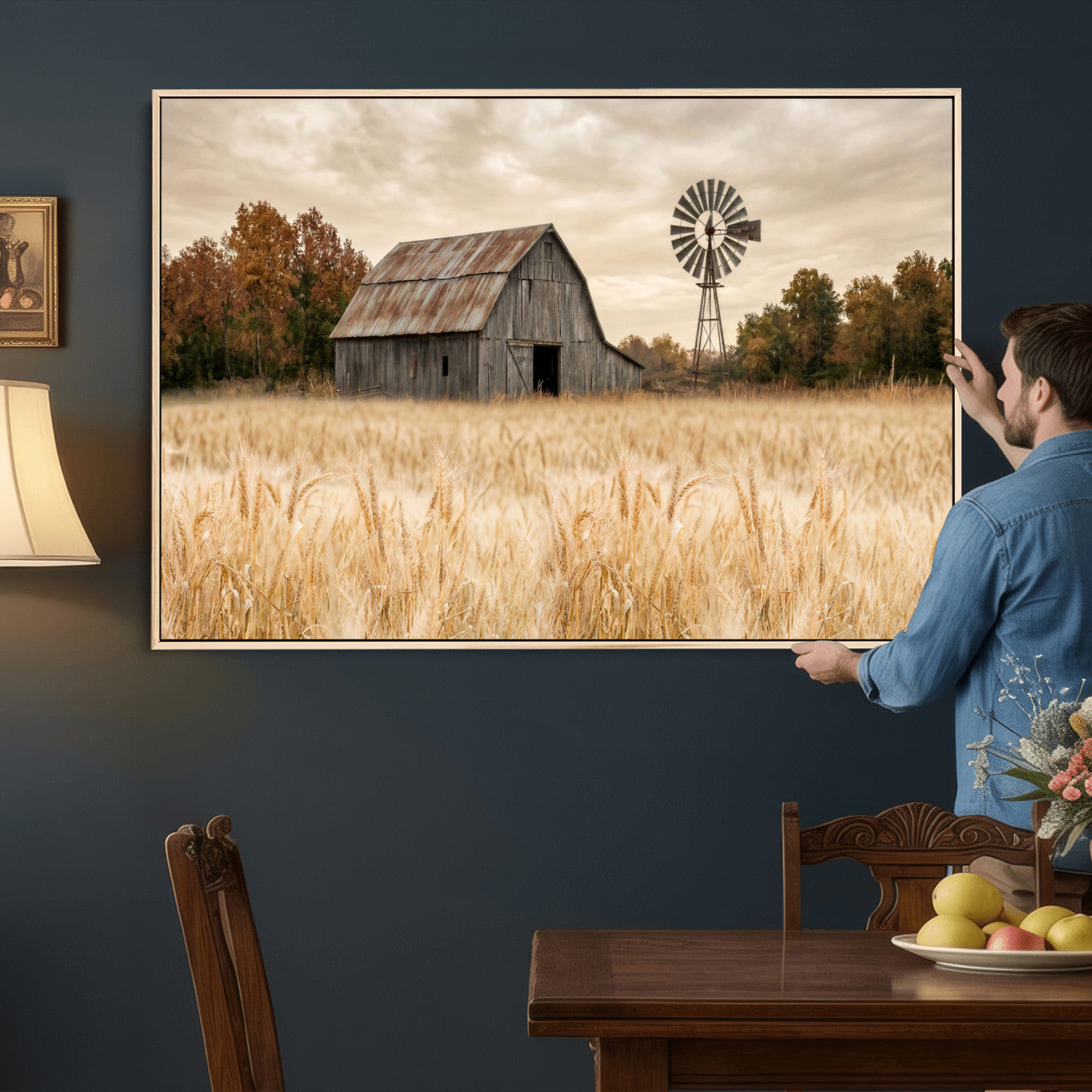 99640659-MGV-CV-36X24 - Rustic Farmhouse Barn and Windmill Wall Art Canvas Print, Country Landscape Photography Print