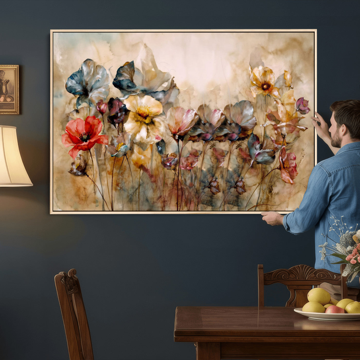 11407233-MGV-CV-36X24 - Vintage Dried Floral Meadow Wall Art Canvas Print, Translucent Watercolor Flowers Painting Print