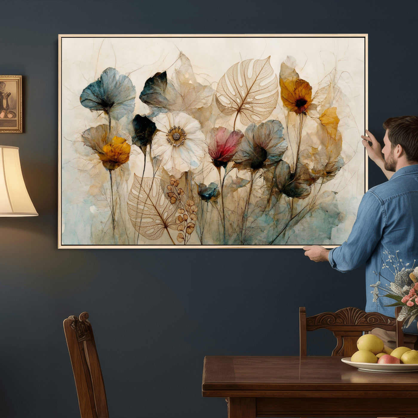 93171612-MGV-CV-36X24 - Vintage Dried Floral Meadow Wall Art Canvas Print, Translucent Watercolor Flowers Painting Print
