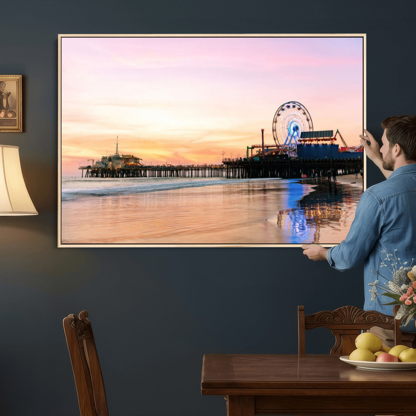27381272-MGV-CV-36X24 - Santa Monica Pier Sunset Beach Wall Art Canvas Print, California Ferris Wheel Photo Print
