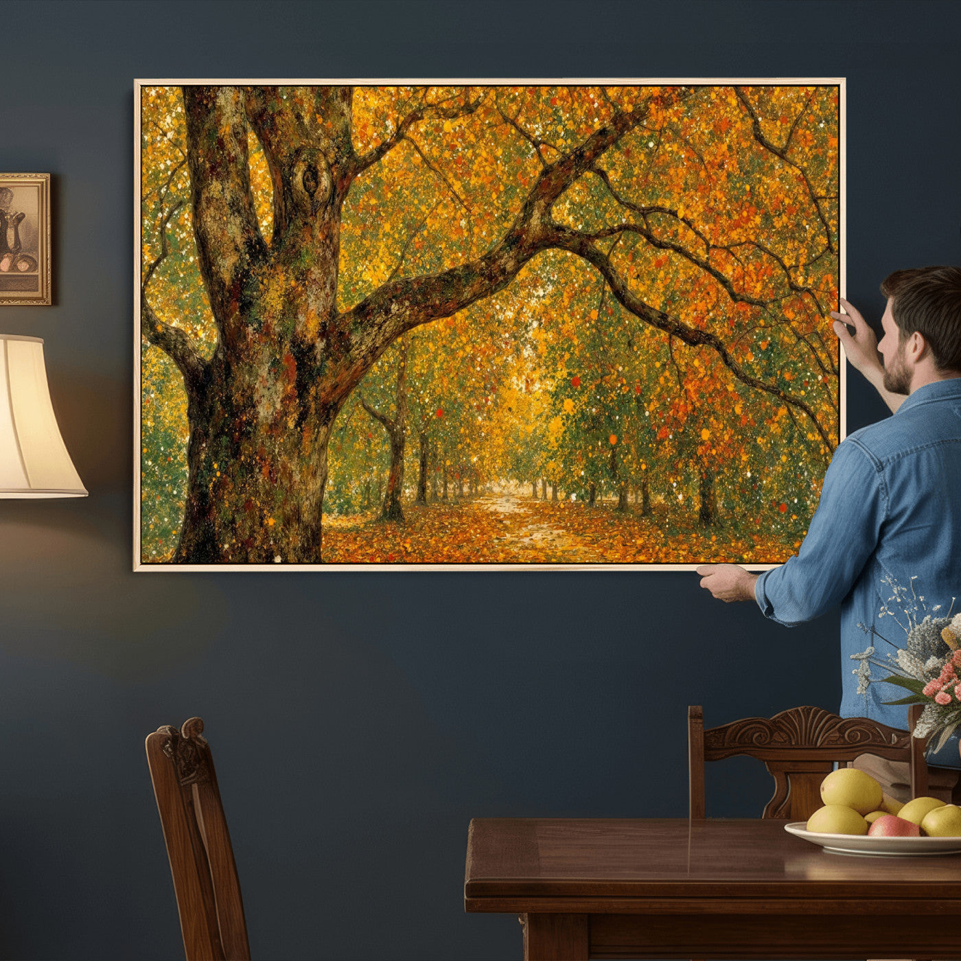 11536138-MGV-CV-36X24 - Vintage Autumn Forest Path Wall Art Canvas Print, Golden Leaves Impressionist Painting Print