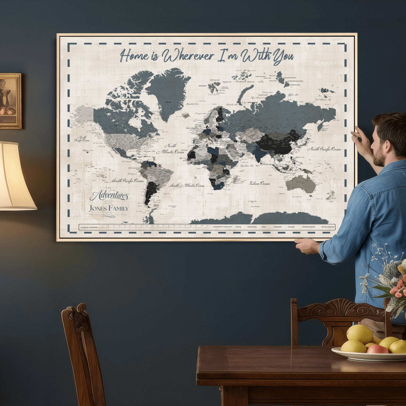 400867164-MGV-CV-36X24 - Framed Blue Custom Push Pin World Map Canvas Print – Personalized Travel Map Wall Art