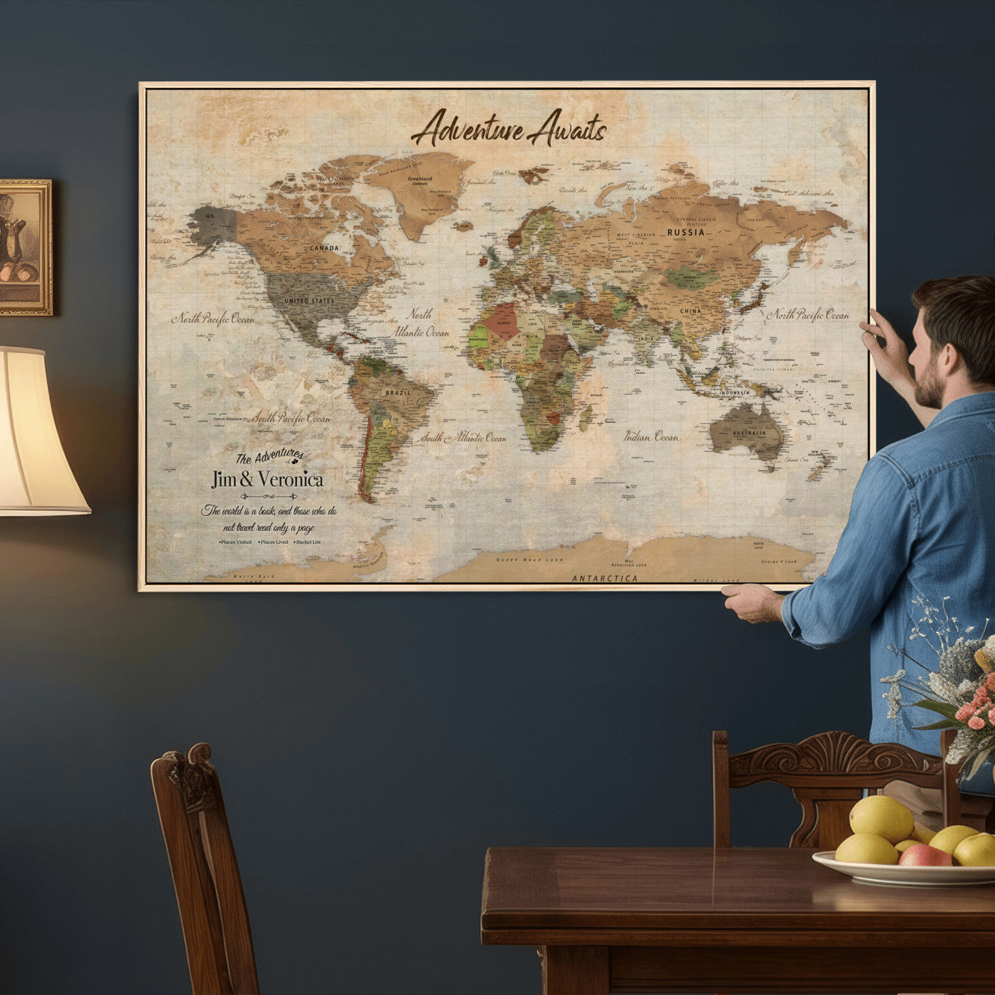 51298056-MGV-CV-36X24 - Custom Push Pin World Map Canvas | Personalized Travel Tracker | Wedding Anniversary Gift for Couples | Adventure Map Wall Art with Pins