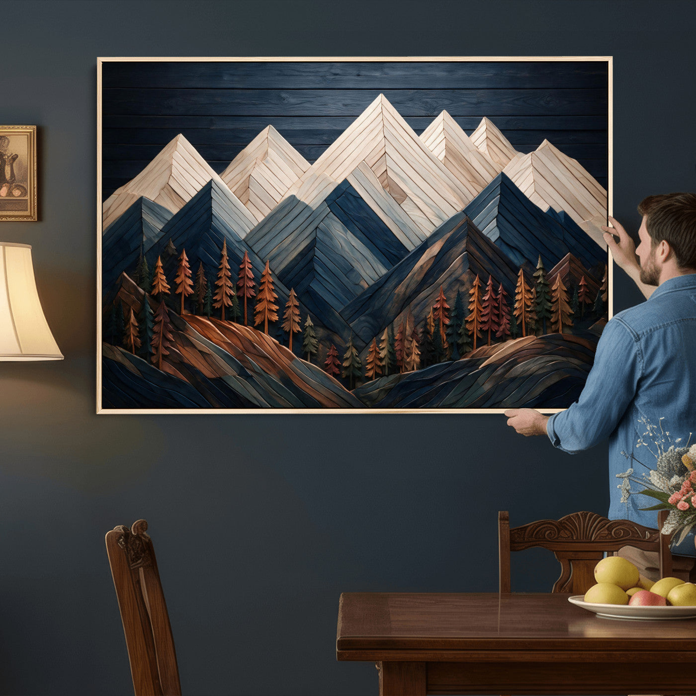 87765072-MGV-CV-36X24 - Geometric Wood Mountain Wall Art Canvas Print, 3D Look Rustic Mosaic Landscape Print
