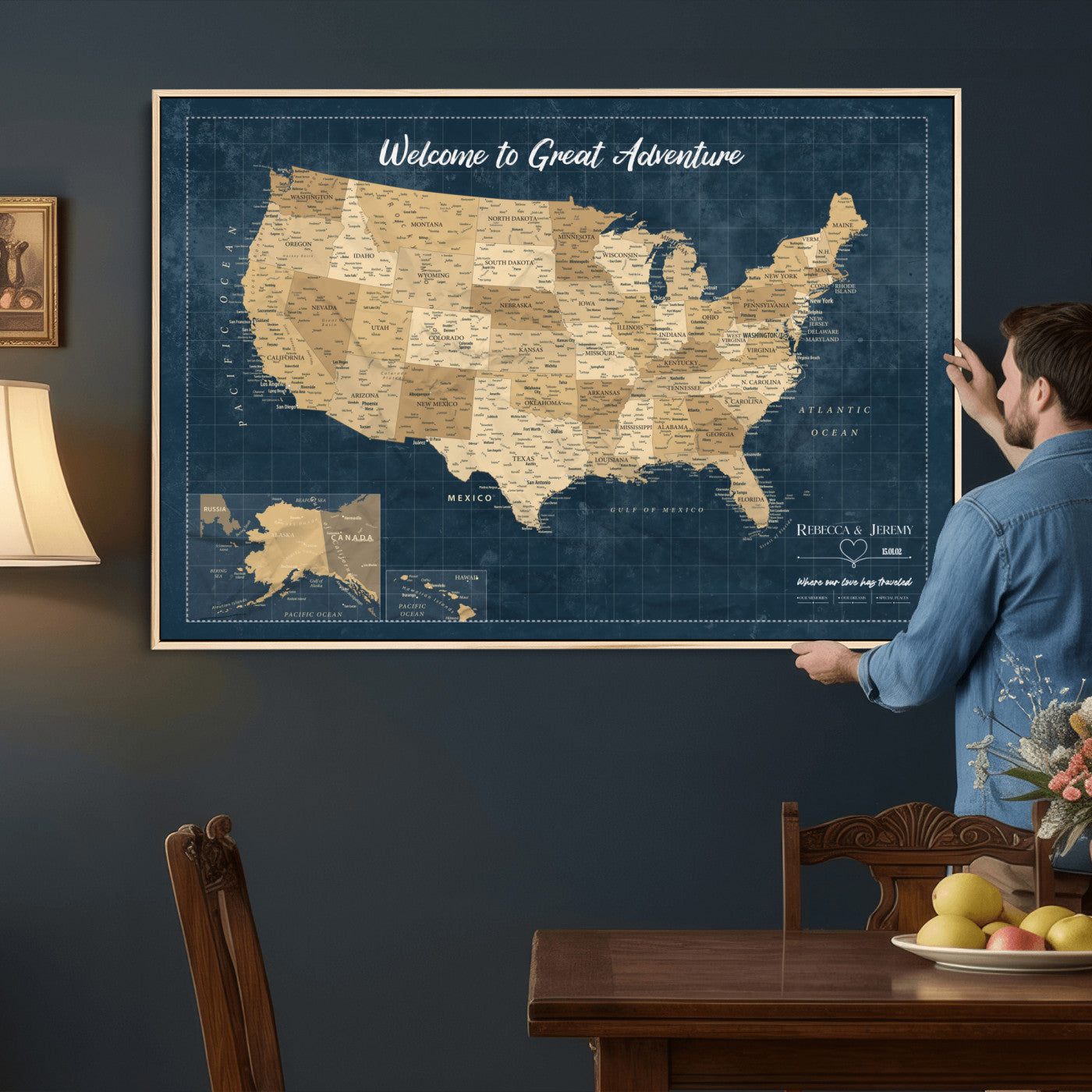 58851035-MGV-CV-36X24 - Custom Push Pin Travel USA Map Canvas Print, Cream Personalized Travel Tracker America Map, Anniversary Traveler Gift