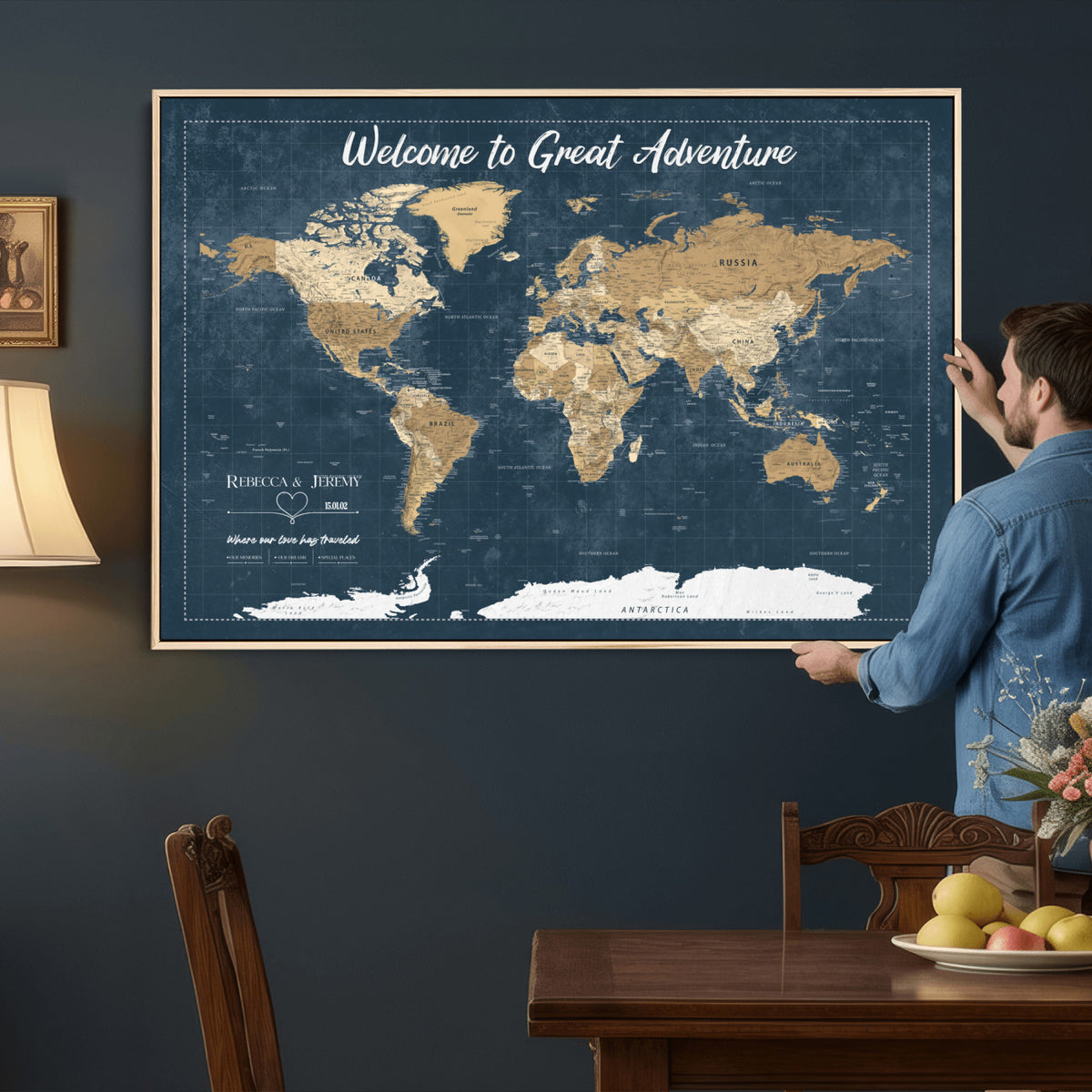57167164-MGV-CV-36X24 - Custom Push Pin Travel Map Canvas Print, Cream Personalized Travel Tracker Map, Anniversary Gift, Vintage World Map Wall Art