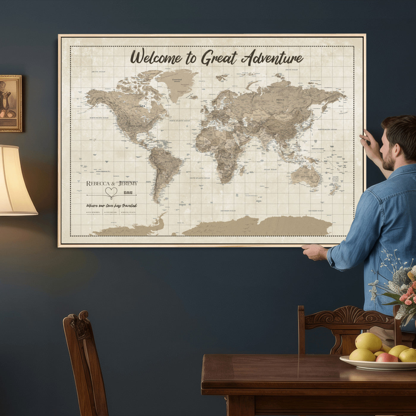 51180020-MGV-CV-36X24 - Custom Push Pin Travel Map Canvas Print, Cream Personalized Travel Tracker Map, Anniversary Gift, Vintage World Map Wall Art