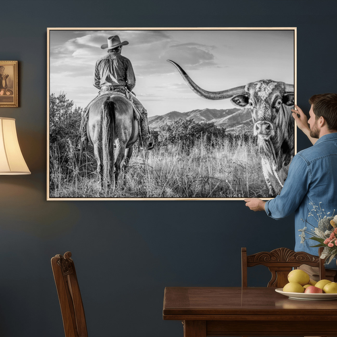 62076449WB-MGV-CV-36X24 - Texas Cowboy and Longhorn Bull Print for Western Wall Art Decor for Farmhouse