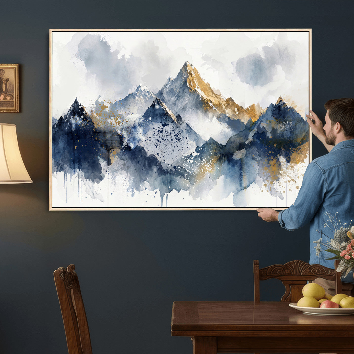 87460616-MGV-CV-36X24 - Abstract Mountain Canvas Wall Art, Blue Gold Foil Landscape Print, Modern Indigo Watercolor Poster, Large Abstract Nature, Luxury Office Gift