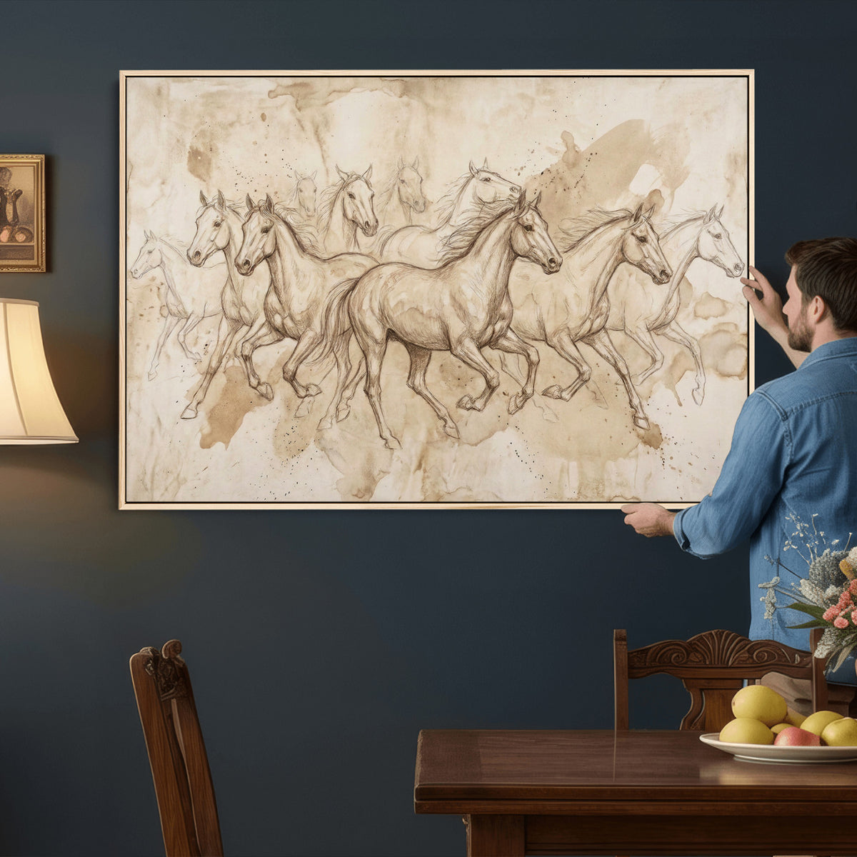 52233469-MGV-CV-36X24 - Vintage Horse Sketch Canvas Wall Art, Wild Horses Pencil Drawing Print, Antique Parchment Western Decor, Equine Sketching, Country Manor Gift