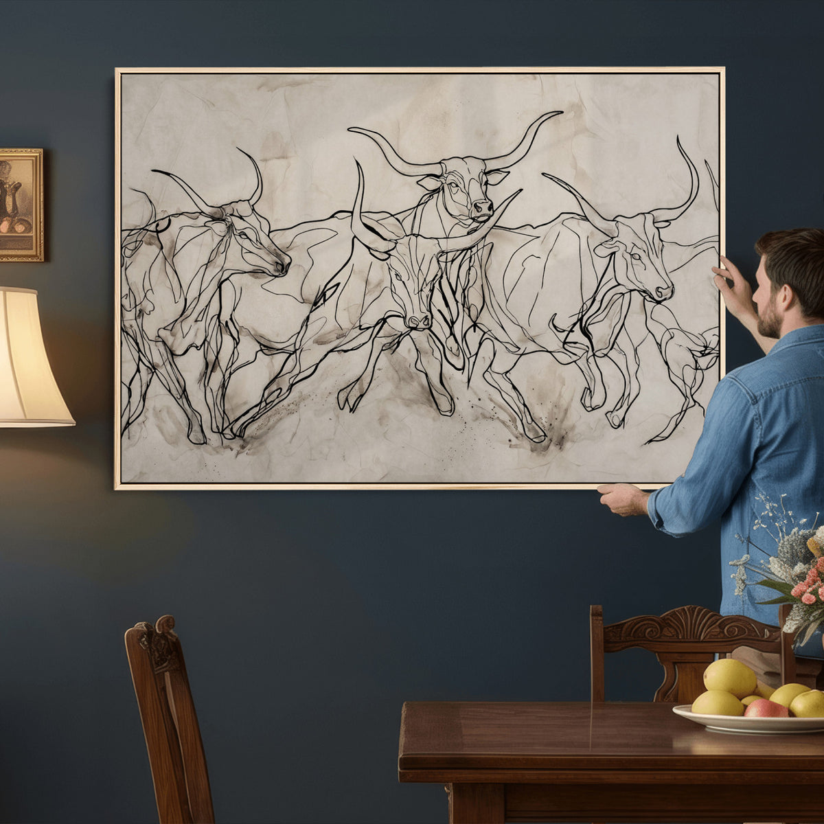 16671245-MGV-CV-36X24 - Minimalist Longhorn Line Art, Modern Texas Bull Canvas Print, Abstract Western Wall Decor, Continuous Line Artwork, Black White Ranch Gift
