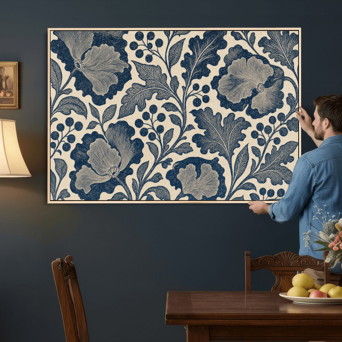 23824002-MGV-CV-36X24 - William Morris Style Navy Blue Floral Wall Art Canvas Print, Vintage Cream Botanical Painting Print