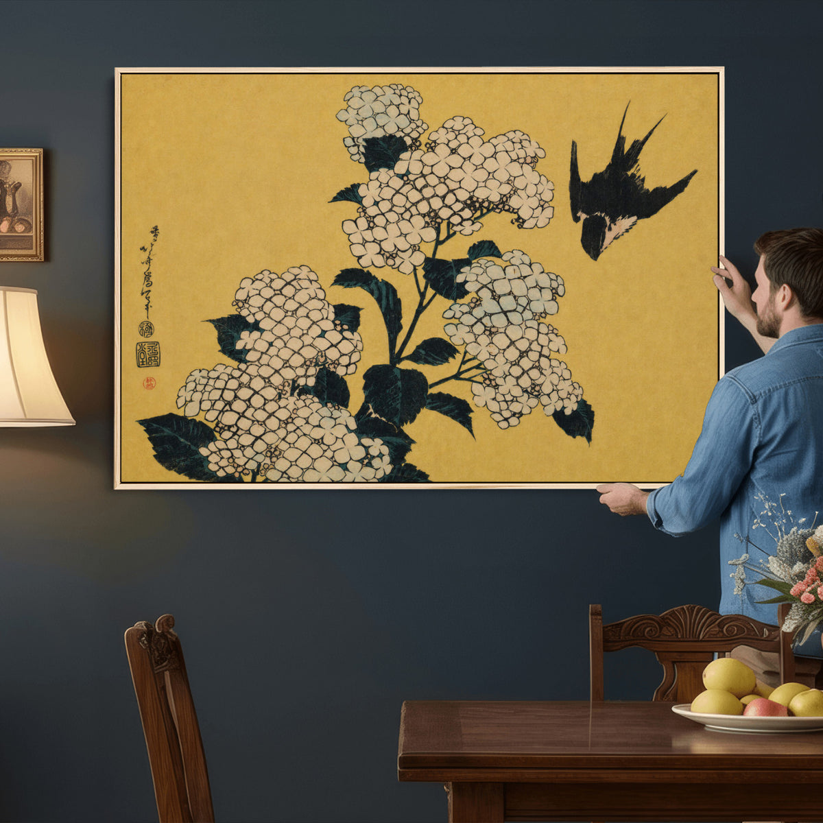 92483501-MGV-CV-36X24 - Katsushika Hokusai Hydrangea and Swallow Wall Art Canvas Print, Japanese Woodblock Painting Print