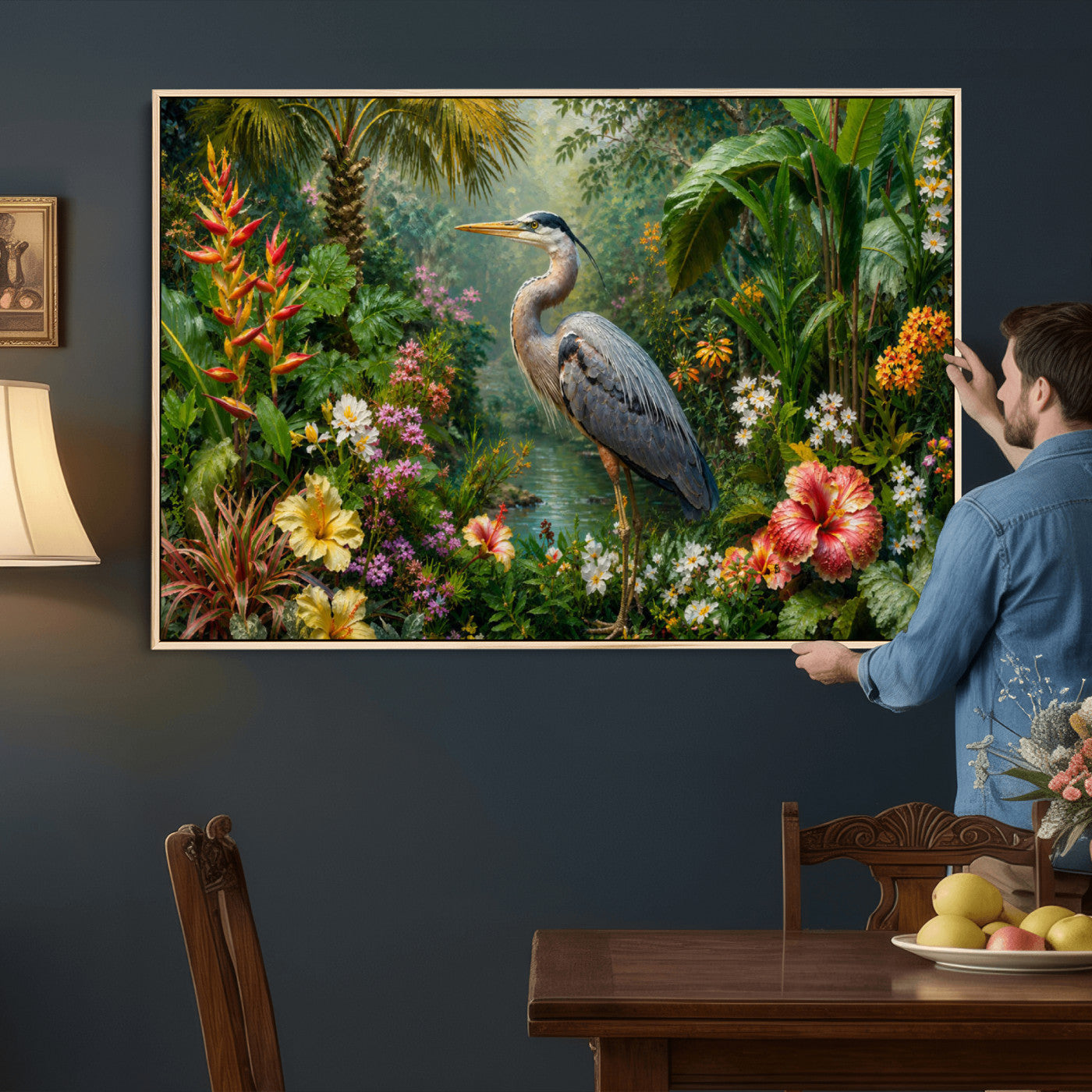 81059387-MGV-CV-36X24 - Great Blue Heron Tropical Jungle Wall Art Canvas Print, Exotic Botanical Garden Painting Print