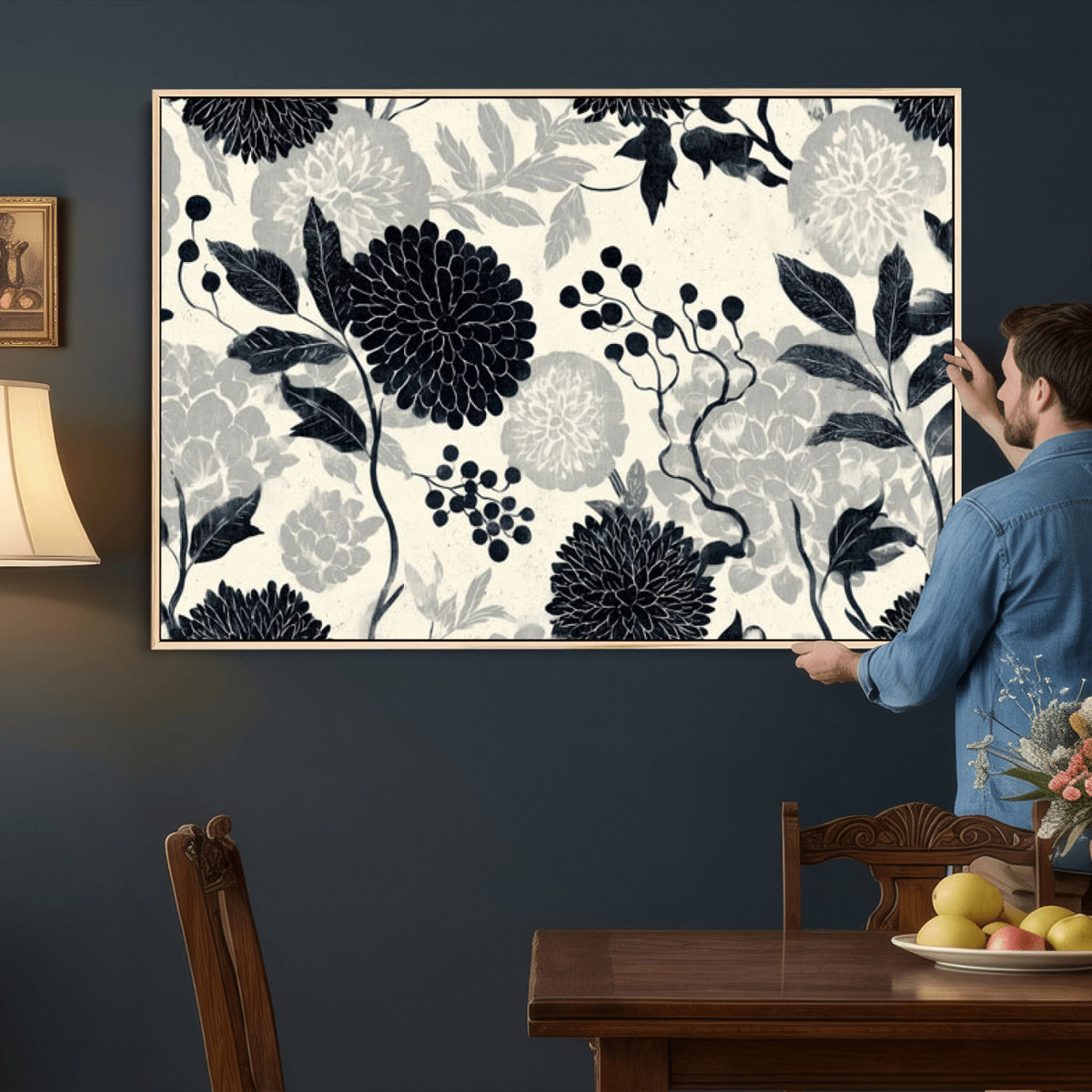 61524791-MGV-CV-36X24 - Vintage Black Chrysanthemum Wall Art Canvas Print, Monochrome Dhalia Floral Painting Print