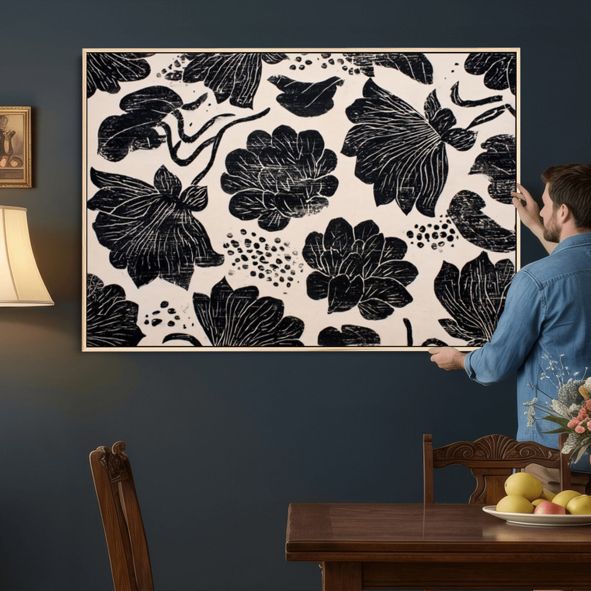 81787117-MGV-CV-36X24 - Linocut Black Lotus Floral Wall Art Canvas Print, Vintage Monochrome Botanical Painting Print