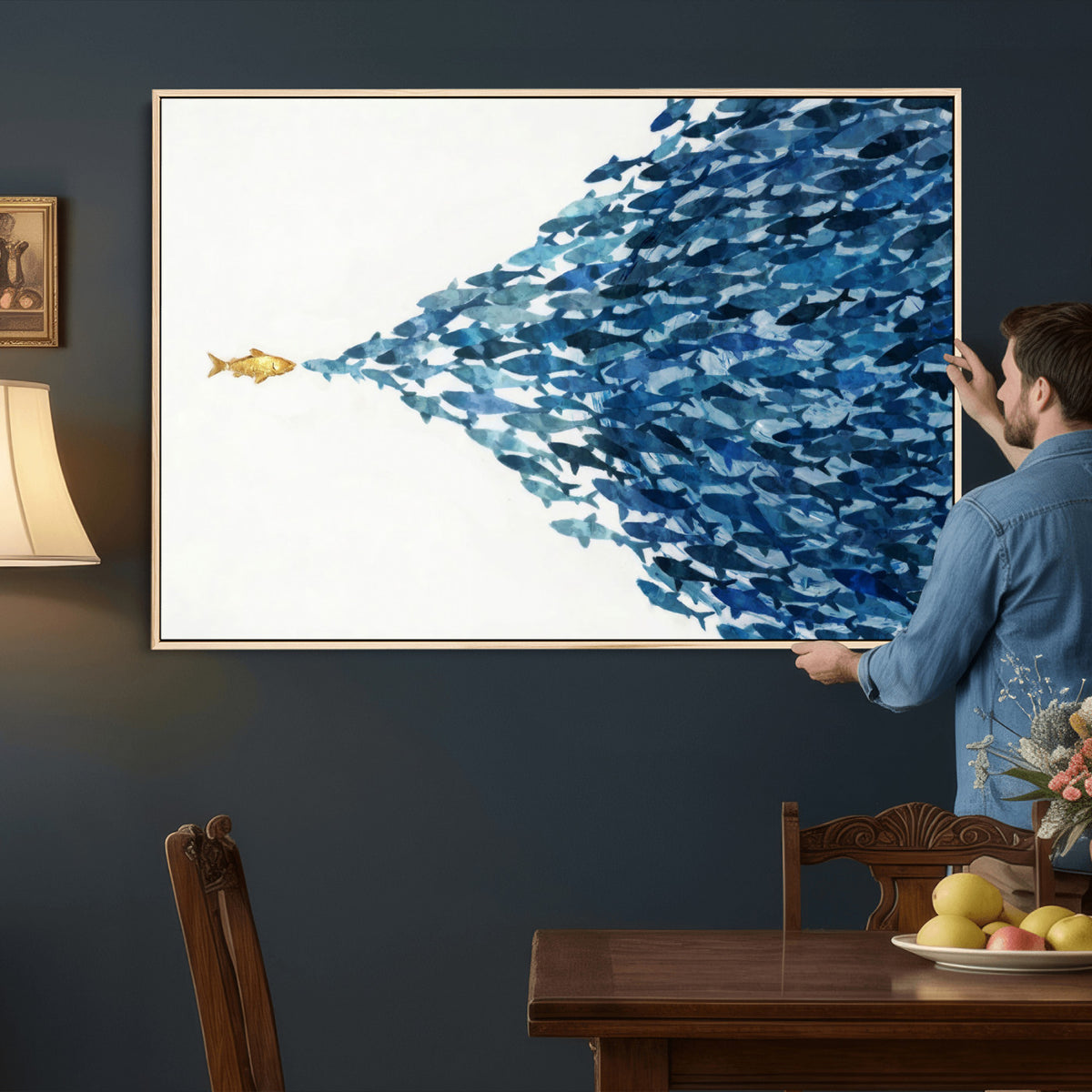 79089639-MGV-CV-36X24 - Abstract Blue Fish School Canvas Wall Art, Gold Foil Accent Marine Print