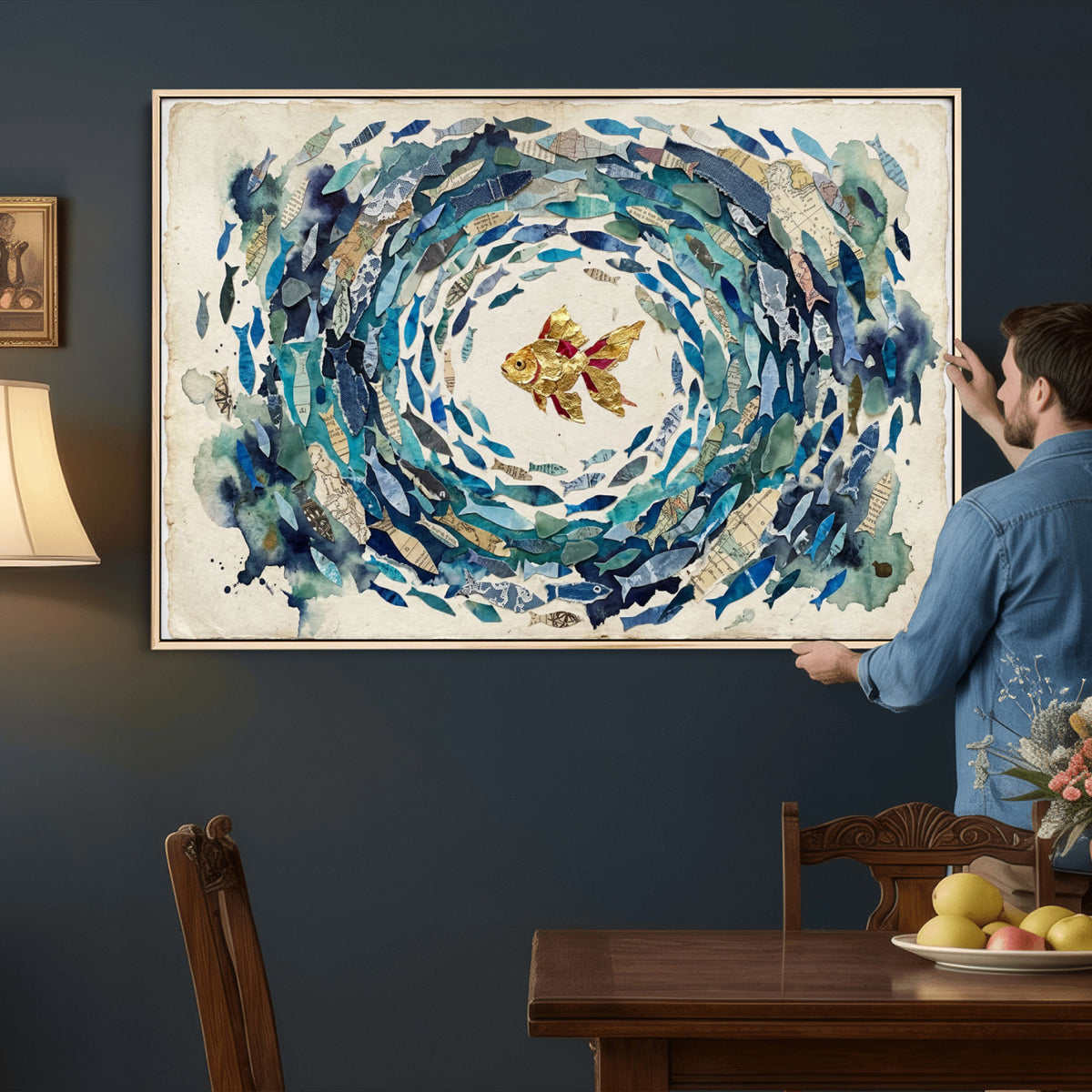 73165663-MGV-CV-36X24 - Mixed Media Blue Fish Swirl Canvas Wall Art, Goldfish Collage Ocean Print