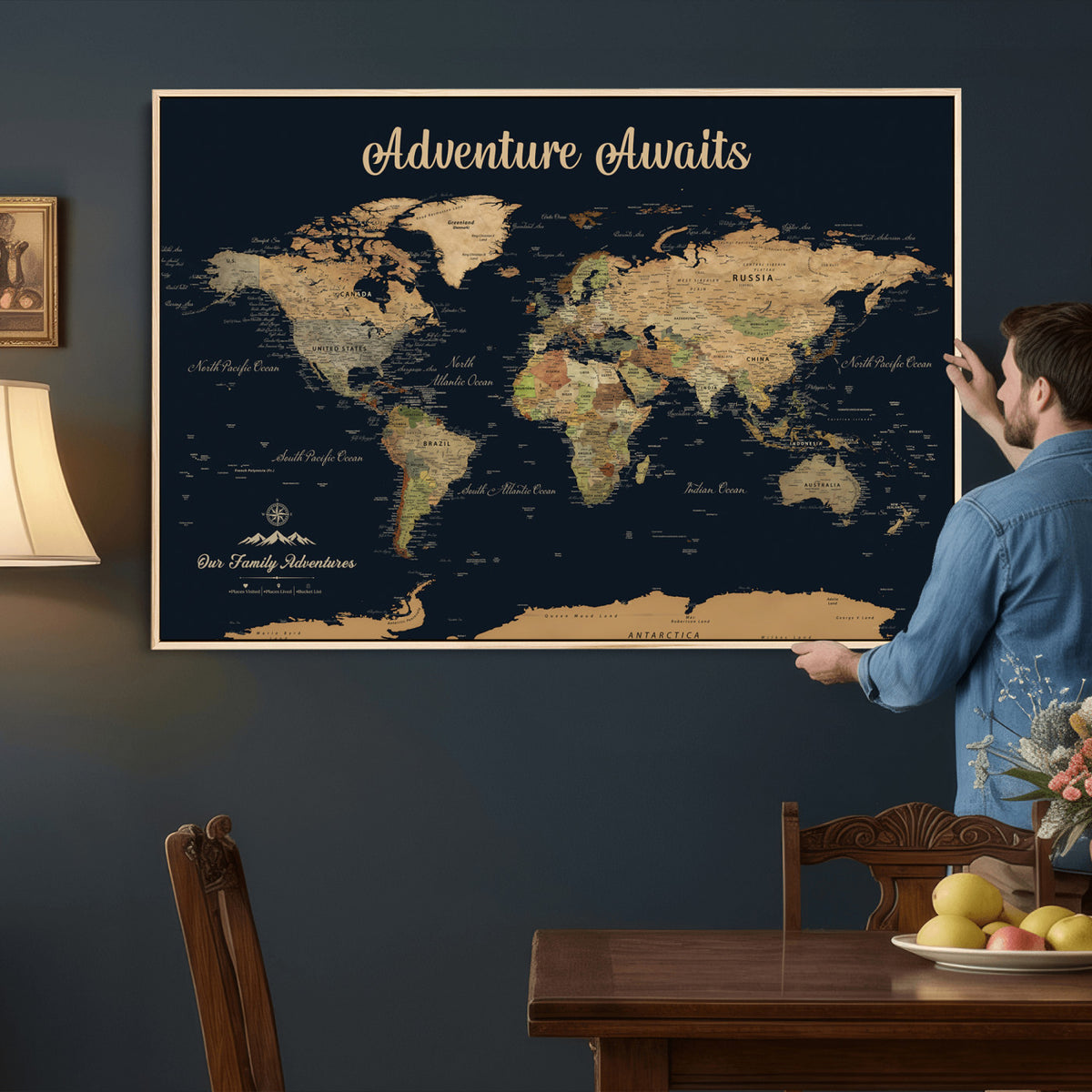 88994085-MGV-CV-36X24 - Our Family Adventures Push Pin World Map Wall Art Canvas Print - Family Travel Tracker Map with Pins