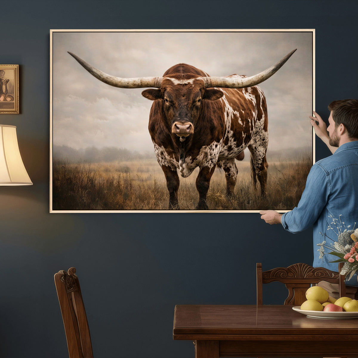 25239047A-MGV-CV-36X24 - Texas Longhorn Canvas Wall Art Western Bull Desert Moody Grey Overcast Rustic Farmhouse Framed Large for Living Room Bedroom Office Decor