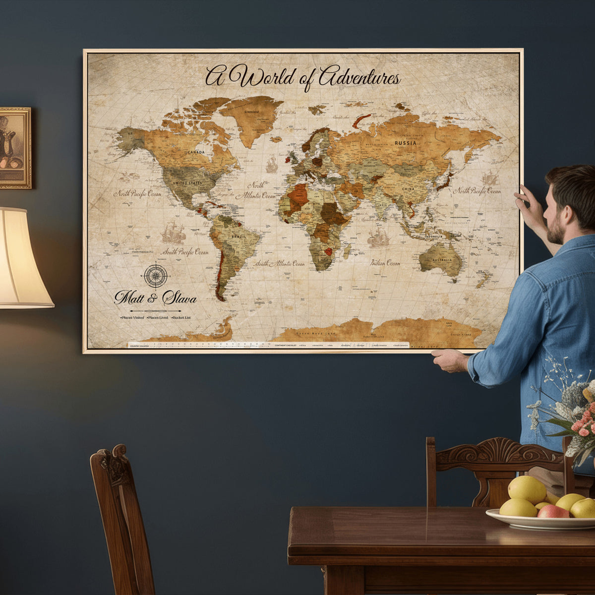 88768647-MGV-CV-36X24 - Extra Large Framed Personalize Push Pin World Map Wall Art Canvas Print for Travel Tracking