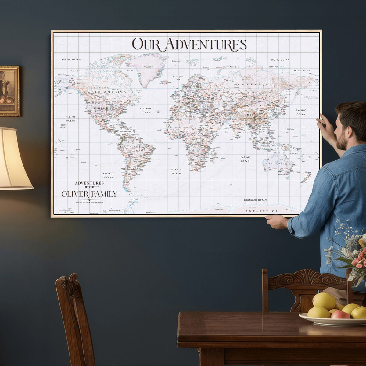18074626D3DD-MGV-CV-36X24 - Extra Large Framed Personalize Push Pin World Map Wall Art Canvas Print for Travel Tracking NEWMAP - 015