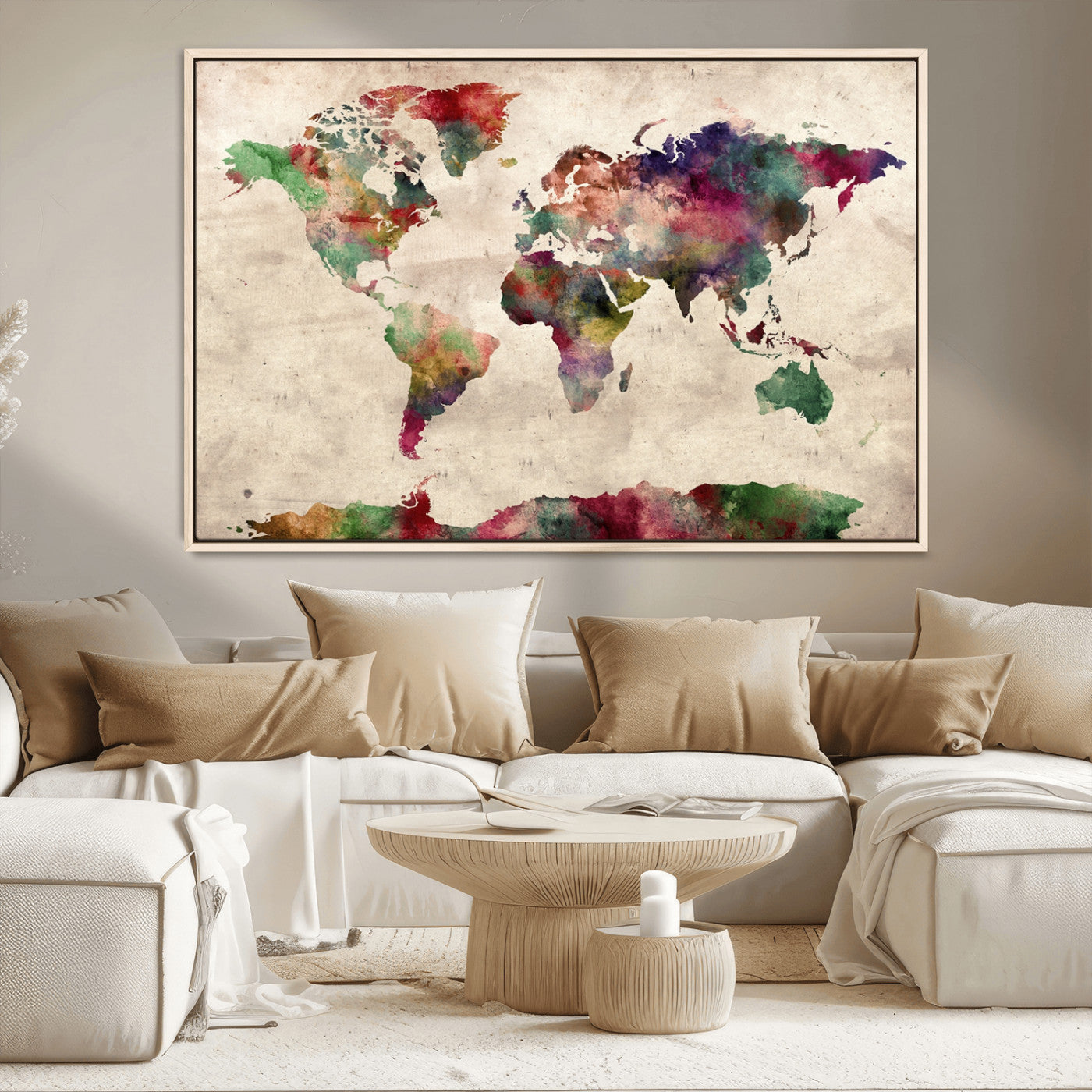 69476-MGV-CV-36X24-Watercolor World Map Canvas Print – Framed Push Pin Wall Art for Couples, Colorful Travel Map Artwork for Elegant Home and Office Decor