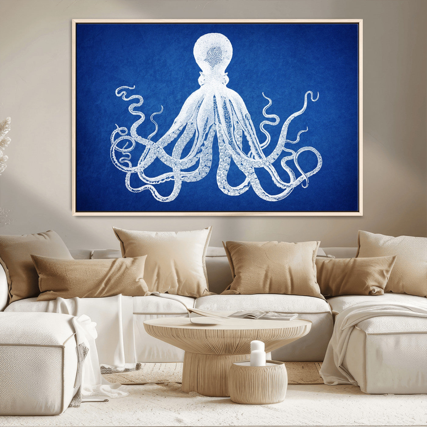 67315-MGV-CV-36X24-Large 3-Panel Blue Octopus Canvas Wall Art | Coastal Marine Life Artwork for Living Room, Bedroom,
