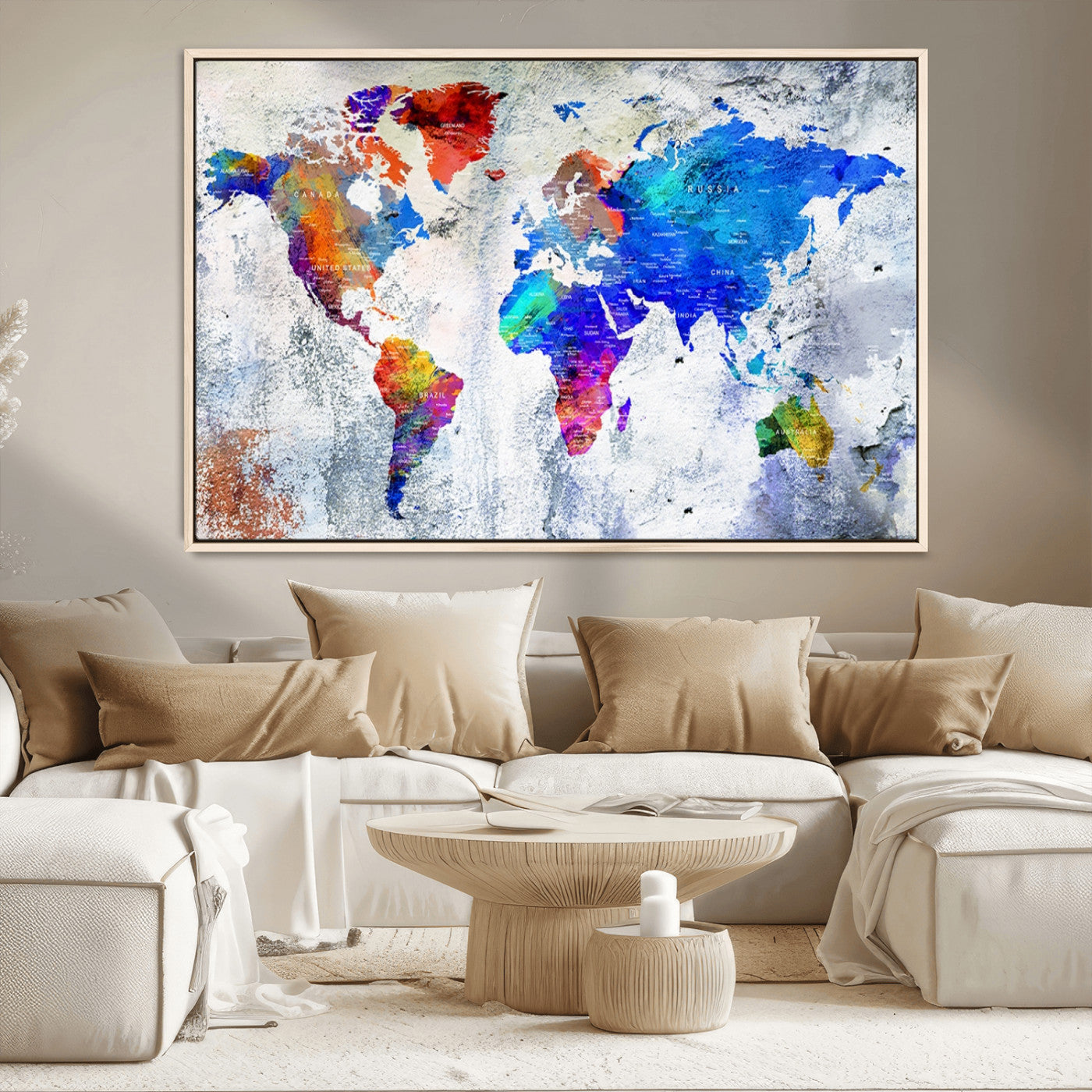 27352-MGV-CV-36X24-World Map Canvas Print – Colorful Abstract Push Pin Travel Map, Framed Wall Art for Home or Office Decor