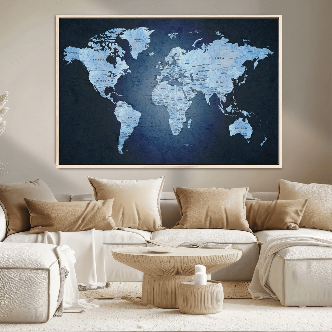 -Blue World Map Canvas Wall Art – Framed Modern Push Pin Travel Map for Home and Office Decor, Elegant Navy Global Wall Artwork for Travelers