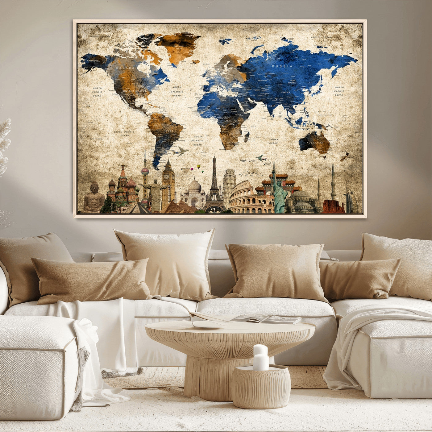 20261-MGV-CV-36X24-World Map Canvas Print – Vintage Blue and Gold World Map Wall Art, Framed Travel Inspired Decor for Living Room or Office