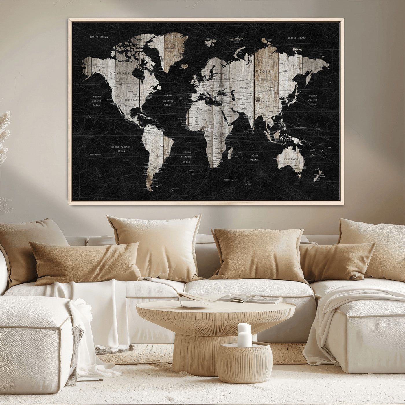 89998-MGV-CV-36X24-Rustic Black and Wood World Map Canvas Wall Art – Framed Push Pin Travel Map for Home and Office Decor, Modern Vintage Wall Artwork