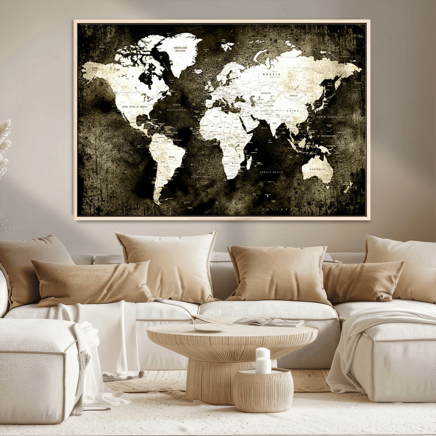 66737-MGV-CV-36X24-Vintage World Map Canvas Wall Art – Framed Push Pin Travel Map for Home and Office Decor, Rustic Wall Artwork for Travelers