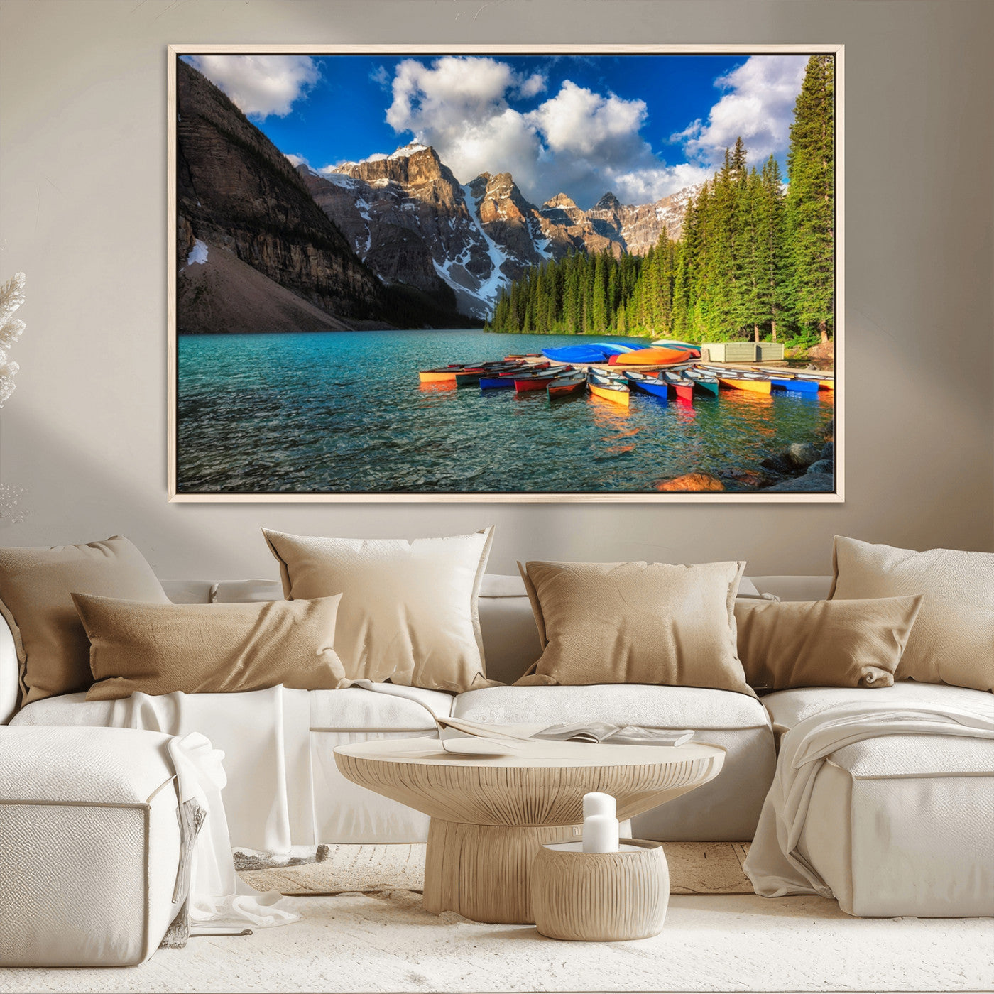 -Moraine Lake 3-Panel Wall Art, Majestic Mountain and Lake Landscape Canvas Print Canoes on Moraine