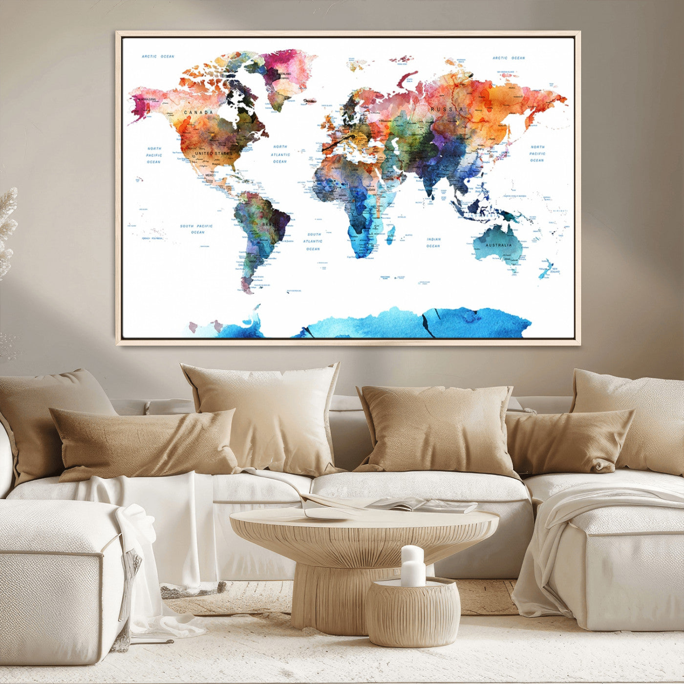 11576-MGV-CV-36X24-Vibrant Watercolor World Map Canvas Wall Art – Framed Push Pin Travel Map for Home and Office Decor, Modern Colorful Wall Artwork