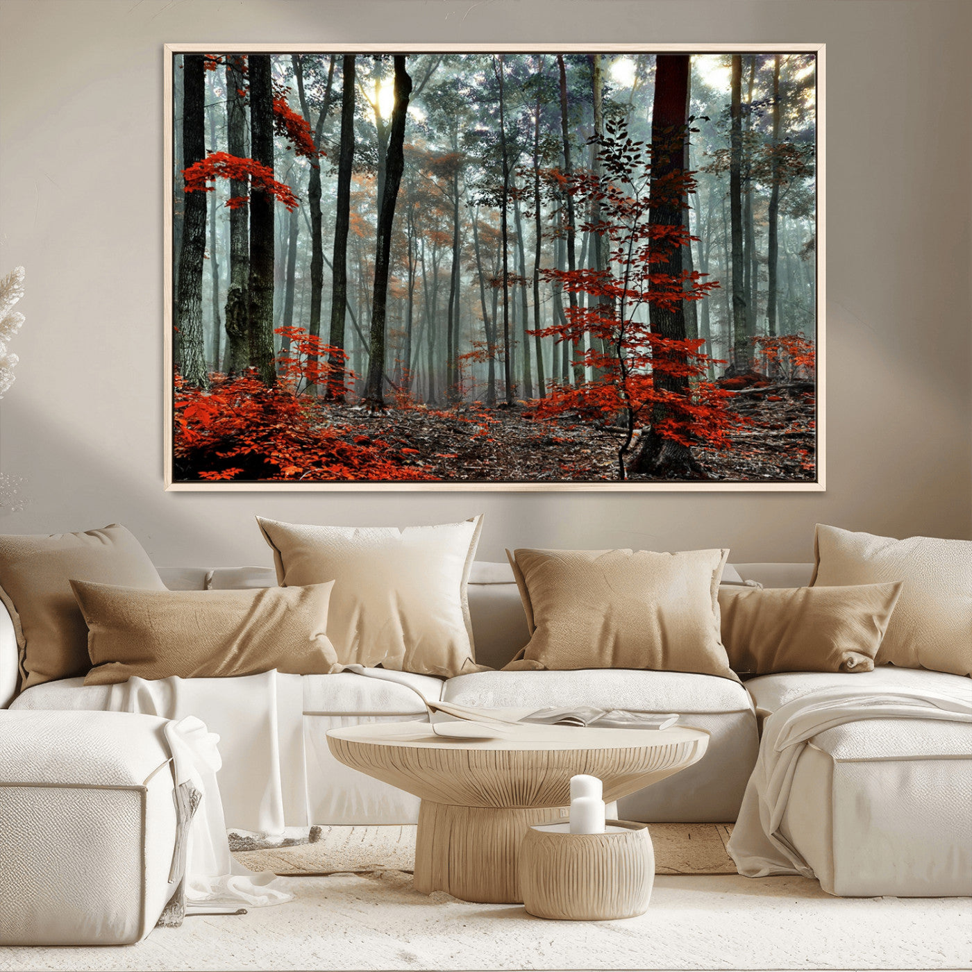 59209-MGV-CV-36X24-Autumn Forest Wall Art – Enchanting Red Leaves Canvas Print, Nature Inspired Fall Landscape Decor for Living Room or Bedroom
