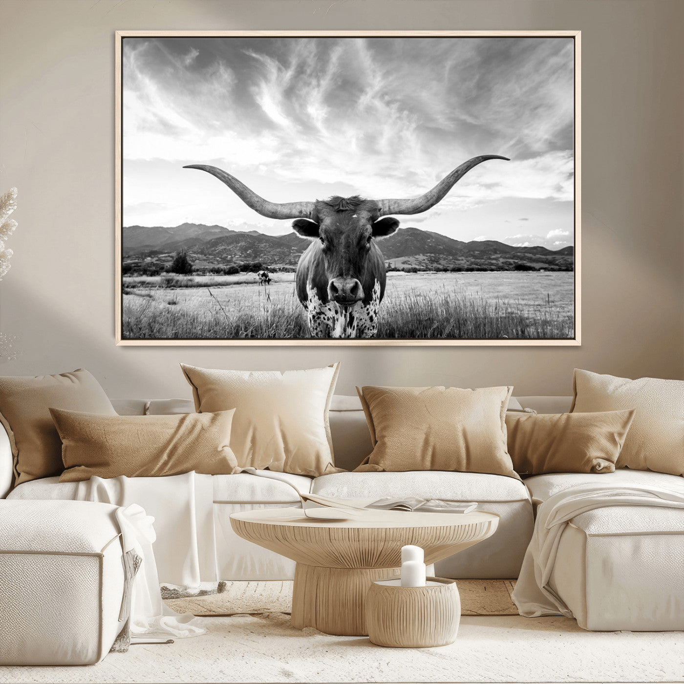 79527-MGV-FC-36X24_Natural-Longhorn Black and White Wall Art – Rustic Western Bull Canvas Print, Farmhouse Country Decor for Living Room, Office or Ranch, Cowboy Wall Artwork