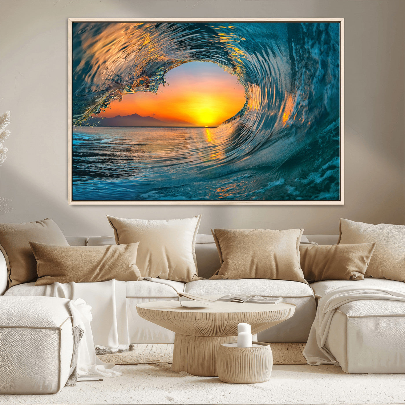84279-MGV-CV-36X24-Ocean Wave Sunset Wall Art | Large Coastal Wave Canvas Print | 3-Panel Ocean Sunset Seascape for
