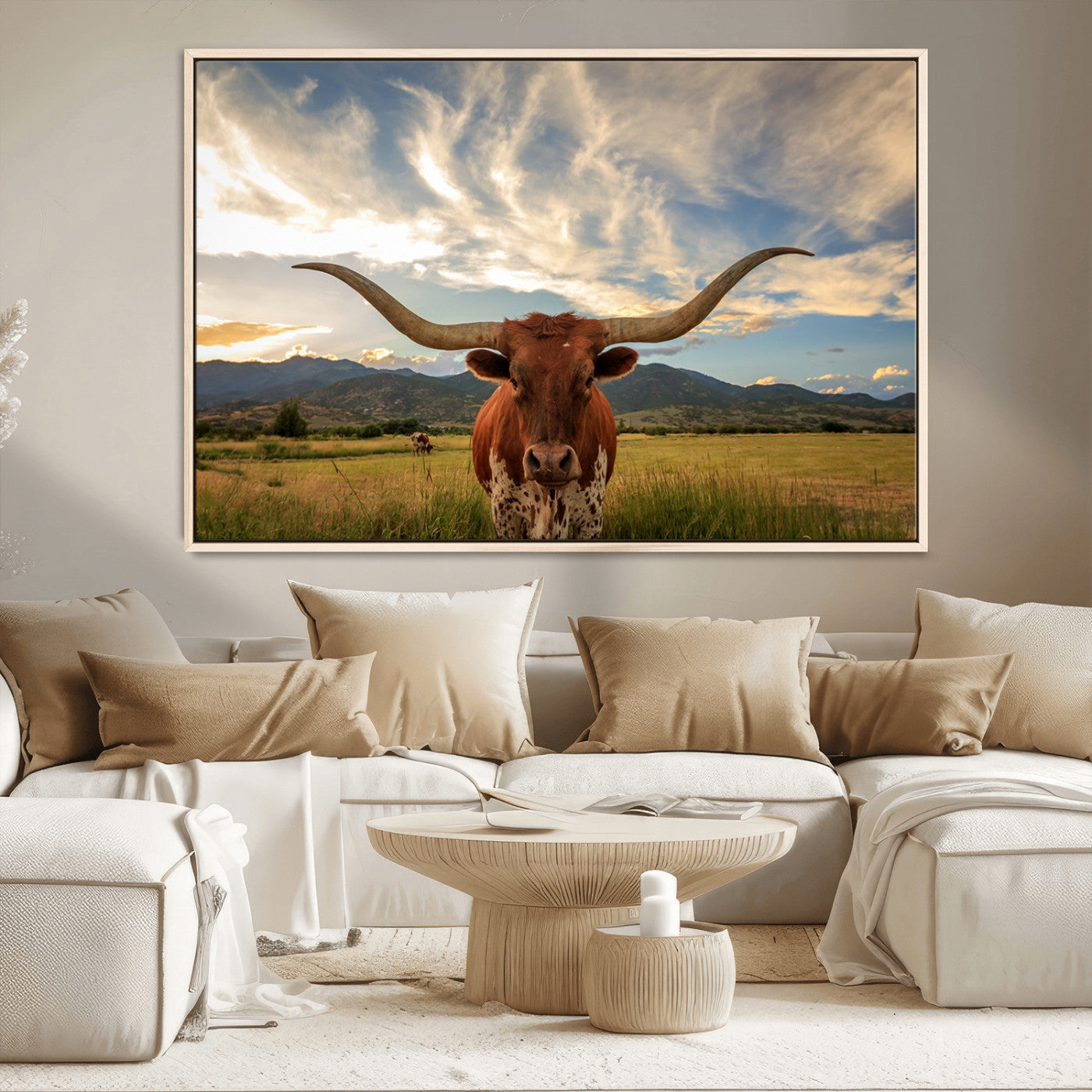 55416-MGV-CV-36X24-Texas Longhorn Canvas Wall Art – Majestic Triptych Animal Print – Rustic Western Decor for Living