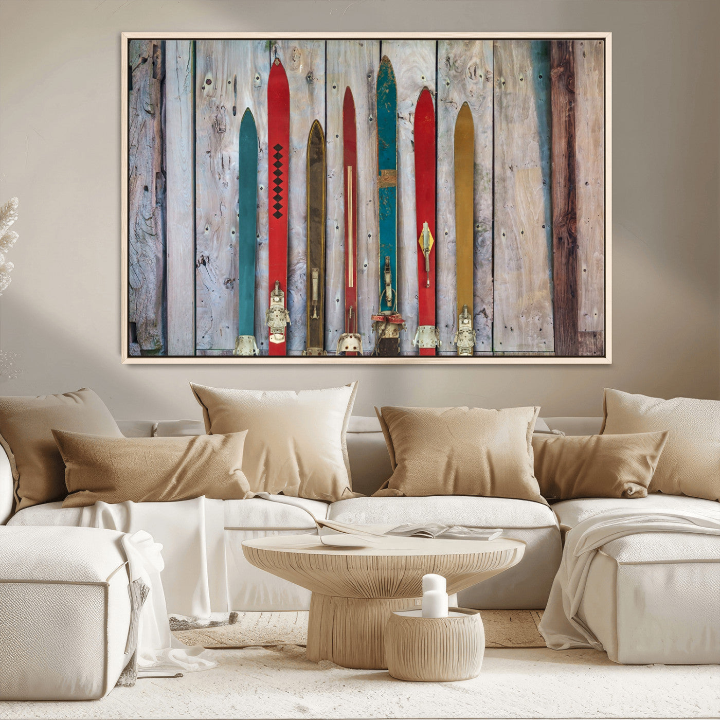 30640-MGV-FC-36X24_Natural-Vintage Wooden Weathered Ski's in Front of an Old Barn Wall Art Canvas Print for Farmhouse, Cabin